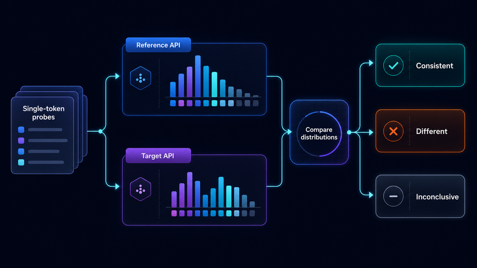 Diagram showing the same single-token probes sent to a reference API and target API, comparing output distributions for Consistent, Different, or Inconclusive results.